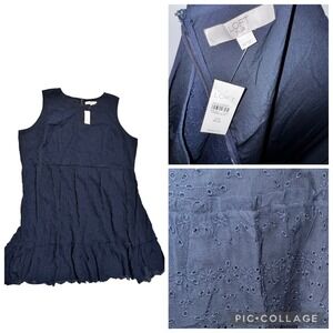 LOFT NWT Dress Plus Navy Blue Eyelet Ruffle Hem Sleeveless Size 24 $98 4 Seasons
